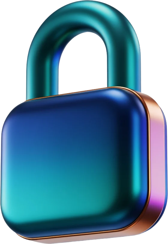A closed padlock, rendered in iridescent teal and sapphire.